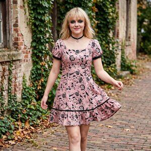 Spin Doctor Women XS Pink Black Goth Witch Print Dress Y2K Retro Bats Ruffle Emo